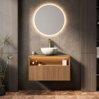 Meuble vasque suspendu avec LED à détection, tiroir et étagère ouverte, céramique blanc pierre, chêne brun - 80 cm