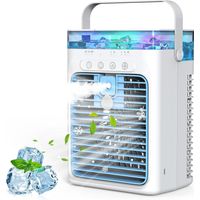 Climatiseur Mobile 4 en 1, Mini Climatiseur Portable sans Évacuation, Ventilateur Climatiseur USB, 3 Vitesses, 2 Modes Brumisation, Réservoir 1000ML, Minuterie 2/4/8H, Silencieux pour Chambre Voiture