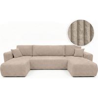 Loungitude – Canapé panoramique convertible 6 places – Velours côtelé épais taupe – Lit d'appoint avec coffre de rangement – Fabrication européenne