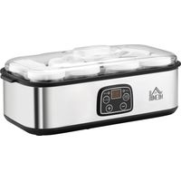 HOMCOM Joghurtbereiter für griechischen Joghurt mit 8 BPA-freien 180-ml-Glasbehältern, LCD-Timer, 1,4 l Fassungsvermögen, 25 W, Silber
