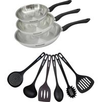 Set 3 poêles 20 24 et 28 cm en inox et 6 ustensiles Fackelmann Geneva