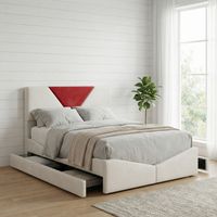 Lit adulte 140x200, 4 tiroirs, lit double avec structure en velours et métal, lit adulte, design moderne contrasté triangle, Beige