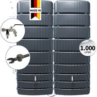 4rain SLIM Regentonnen Wandtank-SET Komplett-Set 1000 Liter graphite grey, 2 x SLIM 500 Liter inkl. Verbinder und Fallrohranschluss
