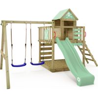 Wickey Smart Cave wooden play tower with swing and playhouse in light green