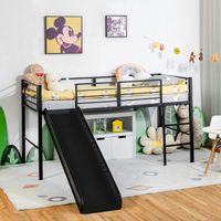 COSTWAY 96CM Kids Low Loft Bed Frame Single Size Steel Bed Mid Sleeper w/Ladder & Slide