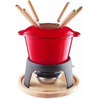 LACOR Fondue-Set aus emailliertem Gusseisen, Eisenständer mit Holzsockel, 6 Gabeln, rot