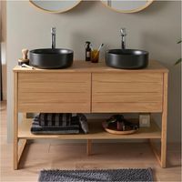 Mueble doble 120cm roble lavabos negros y grifos ATOLL