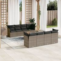 Ensemble salon de jardin 7 pièces avec table en acacia massif et coussins lavables, coloris gris, résine tressée résistante aux intempéries
