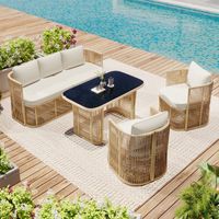 4-teiliges Polyrattan Gartenmöbel Set Lounge Set Outdoor mit 3-Sitzer Sofa, 2 Sesseln & Glastisch, Wetterfeste Terrassenmöbel für Balkon Beige/Schwarz