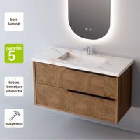 Meuble de salle de bain plan vasque Grès Cérame Blanc Storm, 2 Tiroirs Chêne Moyen Poignée Noir, l80xh54xp45, Effet 3D, REEL