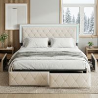 Lit adulte 140x200 avec 4 tiroirs et bandeau LED, cadre de lit double avec tête de lit capitonnée réglable, sommier Inclus, style scandinave moderne, Beige
