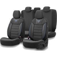 Комплект Луксозна Тапицерия OTOM текстил с еко кожа TORO SPORT Design – Черна със син шев, за Предни и Задни Седалки