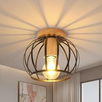 Goeco – Plafonnier noir vintage en métal et bois – Abat-jour en cage E27 – Luminaire suspendu pour couloir, salon, salle à manger – Diamètre 19 cm