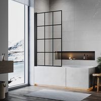 ELEGANT Shower Bath Screen 800x1400mm Framed Black Square Grid Reversible 5mm Toughened Safety Glass 180 Degree Pivot, Matt Black