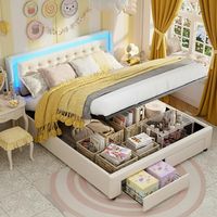Doppelbett 180x200 cm, mit LED-Beleuchtung, zwei Schubladen am Fußende, Samt, hydraulischer Stauraum, Lattenrost, geeignet für Erwachsene und Jugendliche, beige