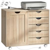 Mueble para Impresora con Estación de Carga y Ruedas 5 Cajones Puertos USB Estante Ajustable Natural