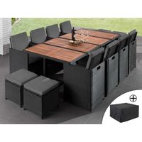 Bestmobilier – Salon de jardin encastrable 12 places – résine tressée noire avec coussins gris – housse de protection – chaises rabattables et poufs encastrables