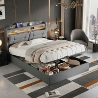 Stauraumbett 140x200 cm Leinen, Bett mit LED und Ladeanschluss, Lattenrost, Kopfteil mit Ablage, Grau