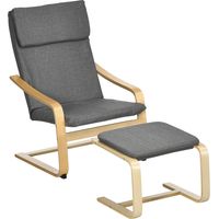 Sessel mit Fußhocker, Sessel-Set, Leinenoptik, Massivholz, Grau + Natur