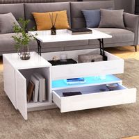Mesa de centro elevable con LED, 1 puerta y 1 cajón, espacio de almacenamiento abierto, color blanco