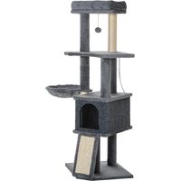 Árbol rascador para gatos 127 cm con cueva, hamaca, cama, plataformas, rampa de sisal y bola colgante gris
