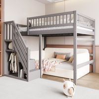 REDOM Cama alta 140x200 cm con escalera y almacenaje, barandillas altas, estructura de cama de madera, color gris (sin colchón)