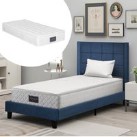 Letto singolo imbottito 90x200 cm con rete a doghe, rivestimento in lino, blu, materasso incluso