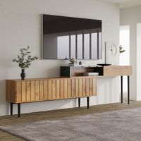 Moderner TV-Unterschrank mit Marmor- und Holzmaserungs-Design, PVC-Kante, Metallfüßen, dunkle Holzfarbe, dekorativ, platzsparend, langlebig