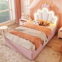 Cama tapizada 90/200 cm rosa de PU con cabecero regulable, LED y arcón hidráulico