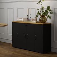Multifunktionales Aufbewahrungsmöbel mit Ablageflächen, Türen und Schublade für Küche, Wohnzimmer und Schlafzimmer, Schwarz, Tischplatte Eichenoptik
