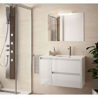 Meuble de salle de bain suspendu 85 cm en bois blanc brillant avec vasque à droite - Nova - Avec colonne miroir et lampe LED