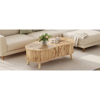 Table basse en forme de haricot à finition rainurée, 2 portes coulissantes, table de salon, finition effet bois, pieds en bois massif, matériau MDF.