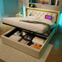 Letto con contenitore in cotone beige 140x200 cm con LED, USB e Type-C, rete a doghe inclusa