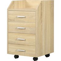 Cajonera 4 cajones con encimera superior, ruedas y frenos 40x36x65 cm Naturel
