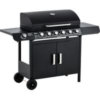 Barbecue à gaz 20kW 7 brûleurs, planche latérale, 2 roues, noir 135x50x100cm