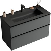 Unterschrank Bernstein LAVOA 80 cm mit Mineralguss Waschbecken BRUXELLES - Badmöbelfarbe Anthrazit matt, Griff Schwarz matt, Waschbecken Schwarz matt mit Hahnloch