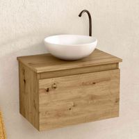 BELLOBATH - Mueble Baño Suspendido con Lavabo de Cerámica Redondo , Mueble Baño con Lavabo Montado con 1 Cajón, 49,5 x 32 x 30 cm, Mueble Roble