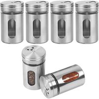 Lot de 6 Pots à épices, Verre transparent, Couvercle acier inoxydable, Saupoudreur 3 trous, Cuisine maison
