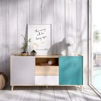 Dmora - Sideboard Rainier, Wohnzimmer-Buffet, modernes Wohnzimmer-Sideboard mit 2 Türen, 155 x 43 x 75 cm, Weiß und Eiche