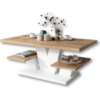 Dusine – Table basse fixe VITA – Dimensions 110 cm x 60 cm x 45 cm – Finition mélaminée blanche et bois – Étagères pratiques pour rangement