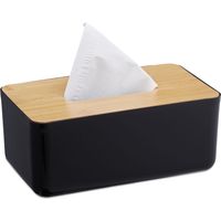 Relaxdays Boîte à mouchoirs, rechargeable, salle de bain, distributeur à lingettes, couvercle en bambou, plastique, 10x23x13 cm, noir/nature