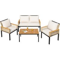 Ensemble jardin lounge 5 pièces – Canapé 2 places + 2 fauteuils + table, rotin PE, structure acier, coussins beiges déhoussables – Terrasse, balcon, jardin
