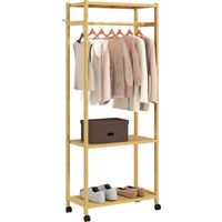 Porte-manteau sur pied avec barre, étagères et 4 roulettes en bambou, 70 x 35 x 175 cm, bois naturel
