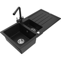 Mexen Andres fregadero de granito de 1,5 senos con escurridor y grifo de cocina Duero, negro - 6515-77-671600-70