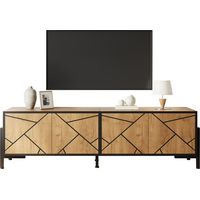 Mobile TV con 4 Ante e 5 Vani, Design Geometrico, per Soggiorno, in MDF, Legno Naturale, 153 × 40 × 50 cm