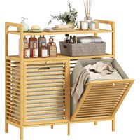 Étagère à linge avec 2 paniers à linge, étagère autoportante en bambou pour salle de bain ou buanderie, bois naturel et blanc crème