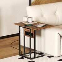 Table d'appoint pour canapé avec plateau rabattable, station de recharge et pieds réglables pour petits espaces, marron