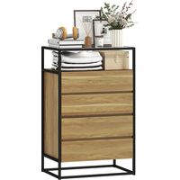 Commode 4 tiroirs, étagère ouverte, acier, verre trempé