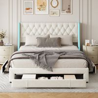 Chambre complete adulte,sommier 160x200,lit deux place,Lit coffre 160x200,lit led 160 x 200,rembourré,LED,3 Tiroirs,Velours,Beige