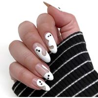 Aksod Glossy Ghost Press on Nails White Medium Oval Fake Nails Designed Amond Full Cover Artificial Cute Halloween False Nails Tips for Women and Girls 24Pcs (Style F)
